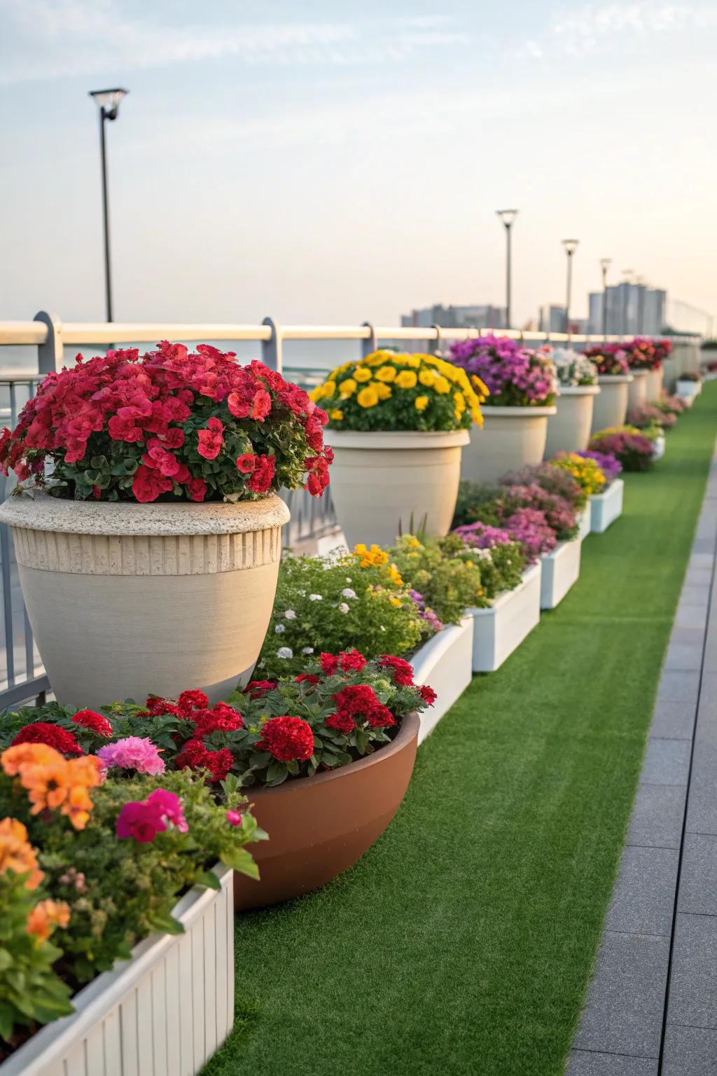 Elevated planters add height and color to your artificial grass yard.