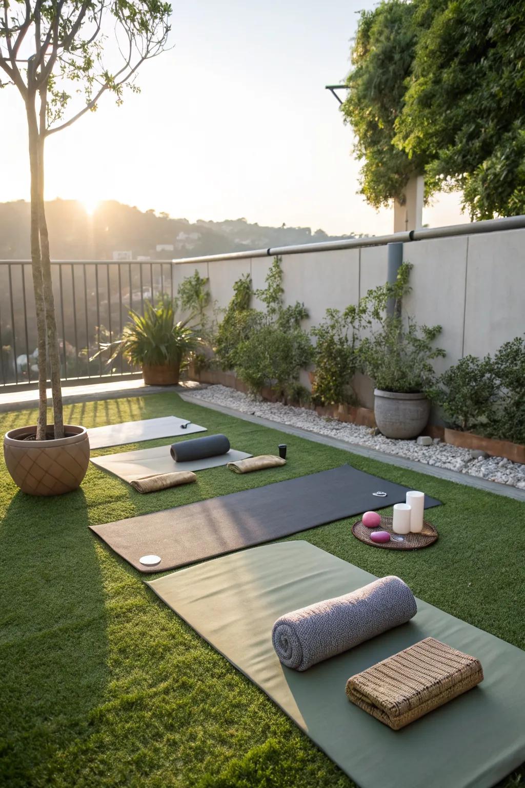 Find peace with a morning yoga spot on artificial grass.