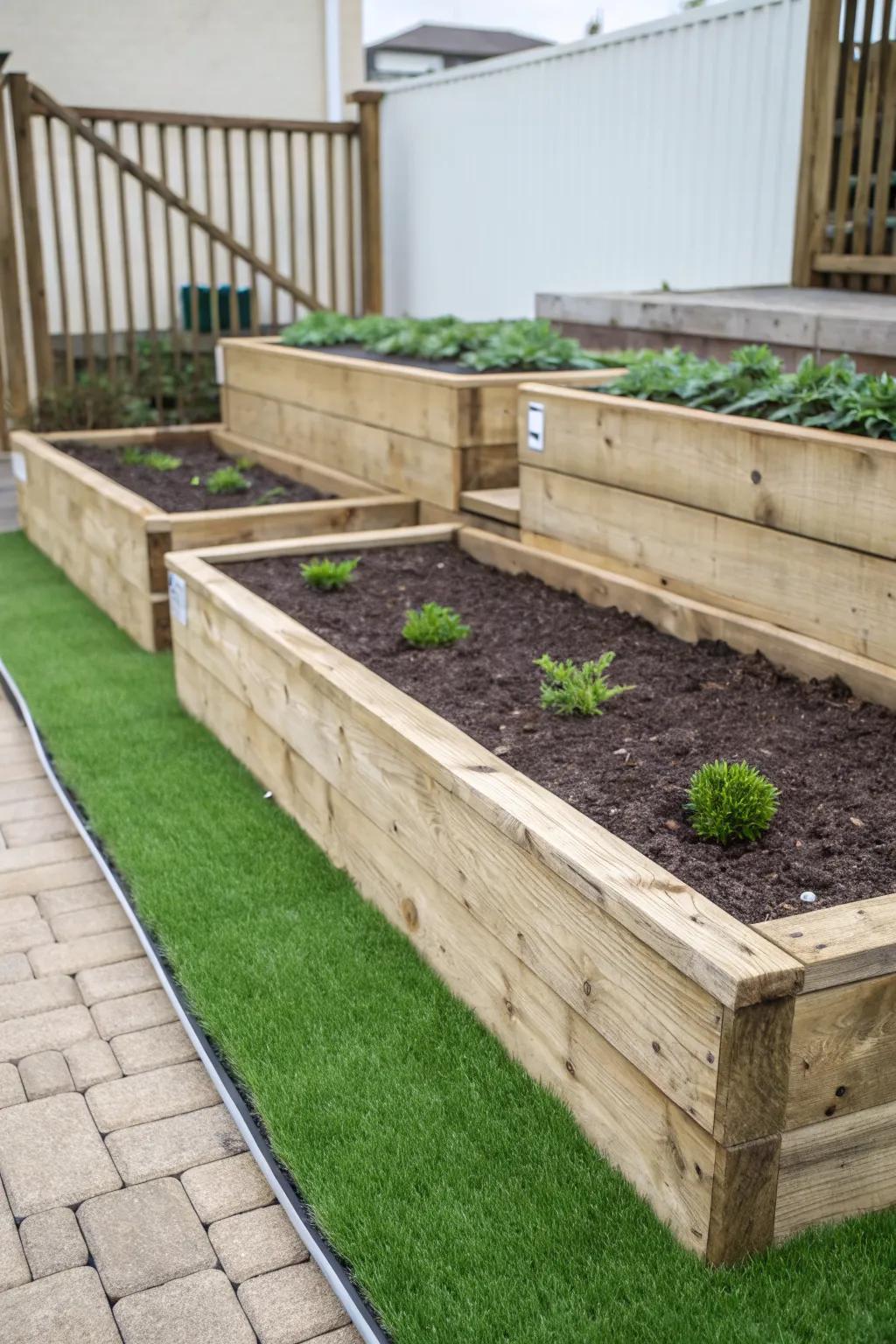 Raised garden beds with stacked sleepers bordering artificial turf.
