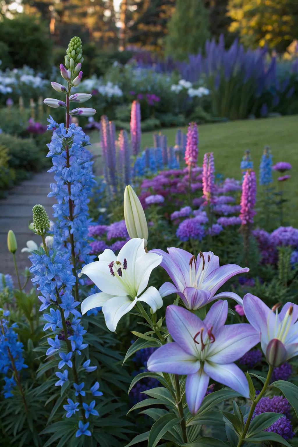 Lilies paired with blue and purple flowers for contrast.