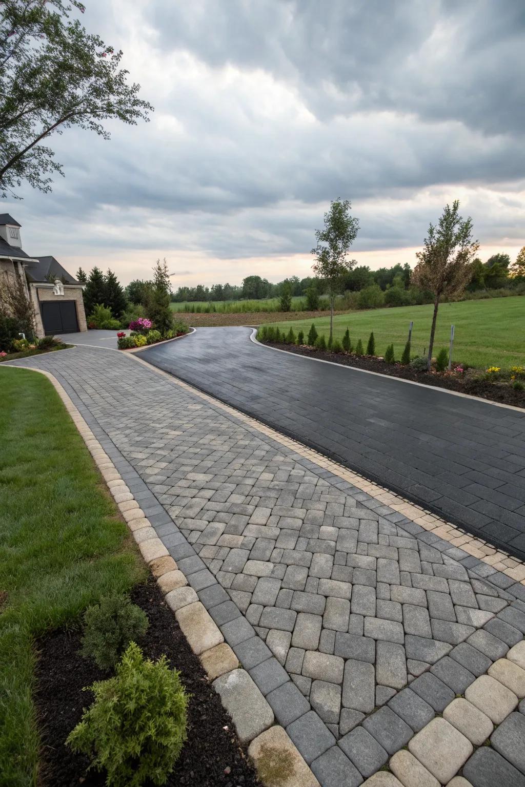 An asphalt driveway with a permeable paver entrance for improved drainage.