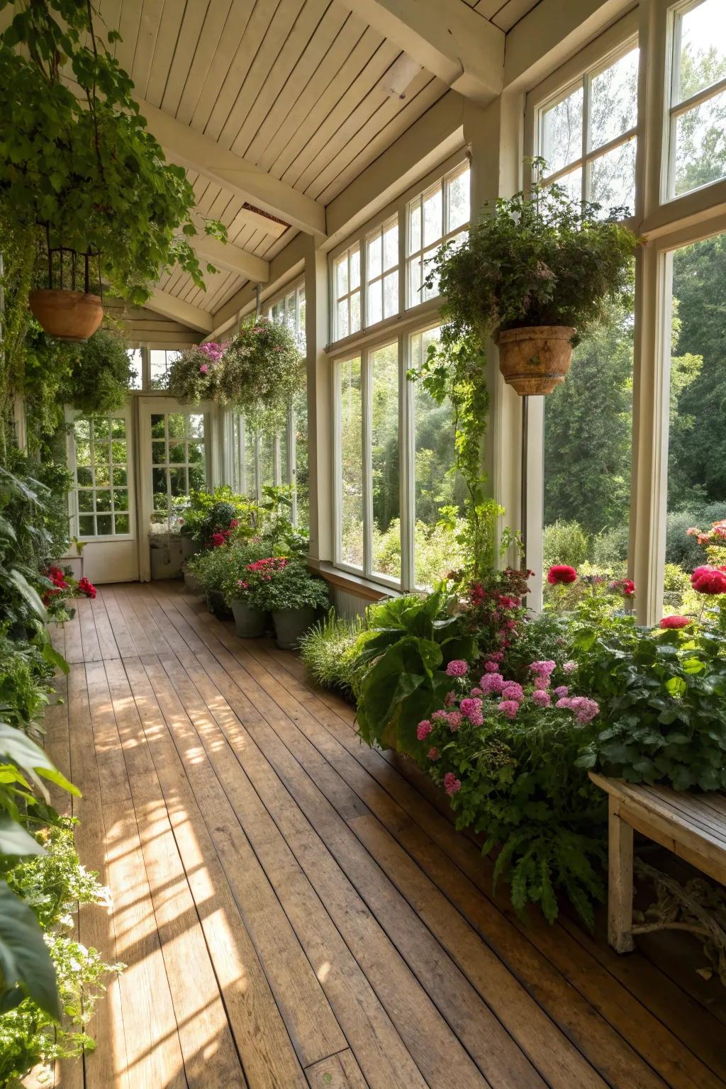 Eco-friendly flooring complements the natural vibe of a sunroom