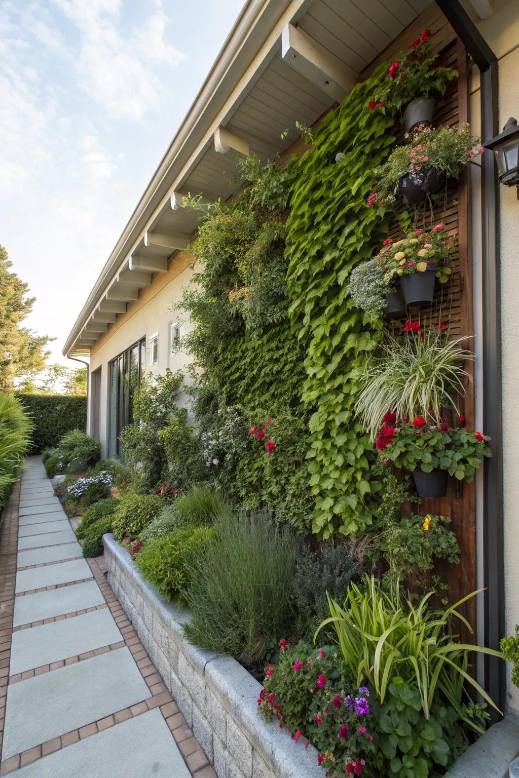 A vertical garden transforms a wall into a living tapestry.