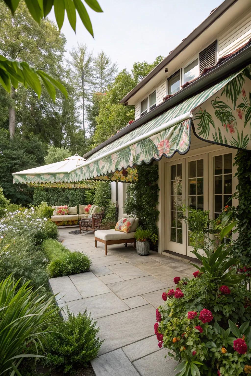 Blend nature with comfort using botanical print awnings.