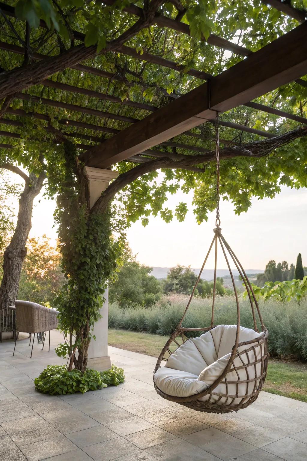A hanging chair that offers a playful and relaxing seating option.
