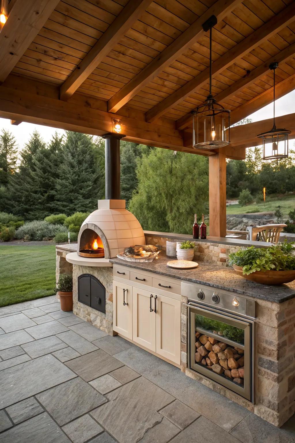 A built-in pizza oven brings a touch of rustic charm to this back patio kitchen.