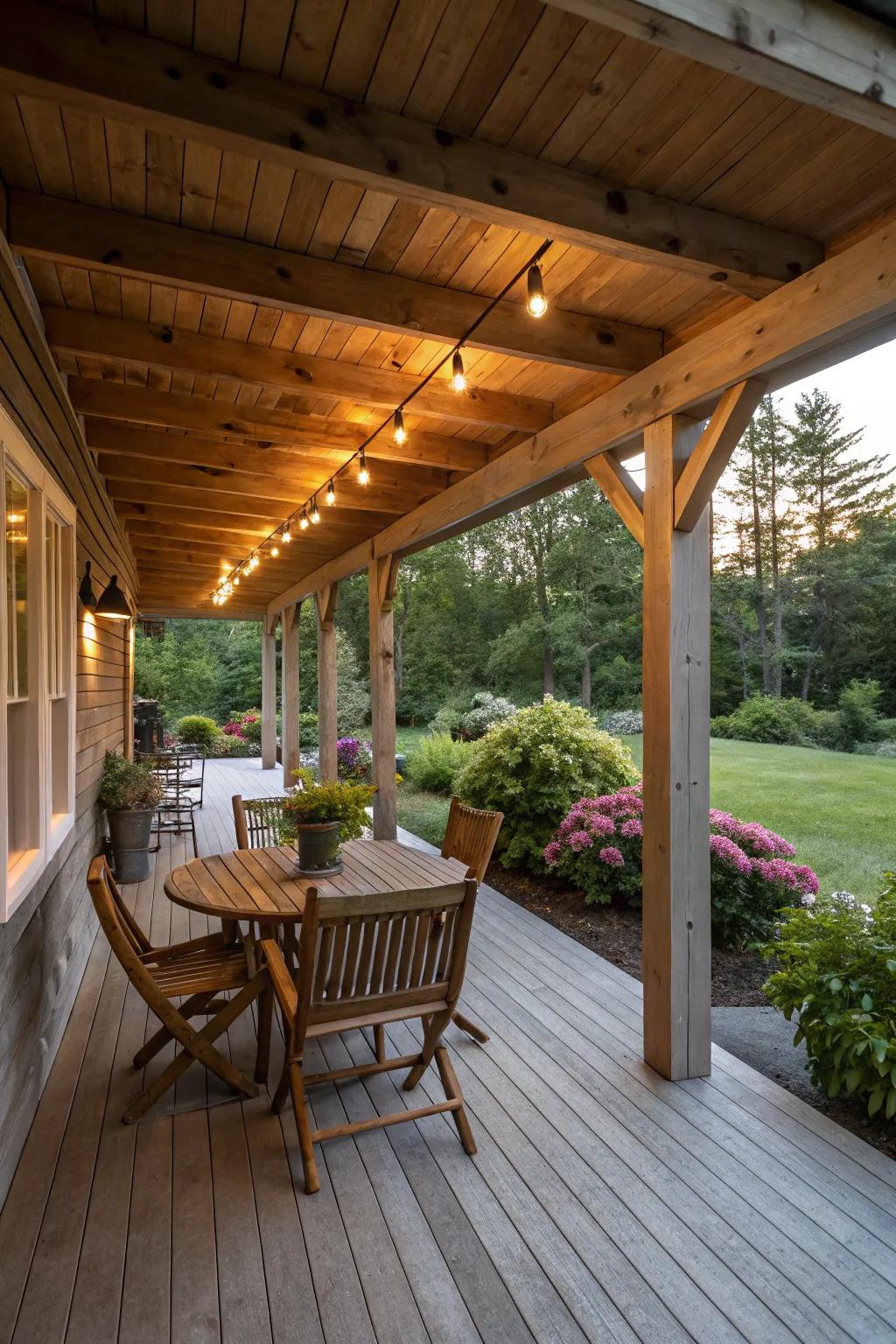 A back porch showcasing exposed wooden beams for added character.