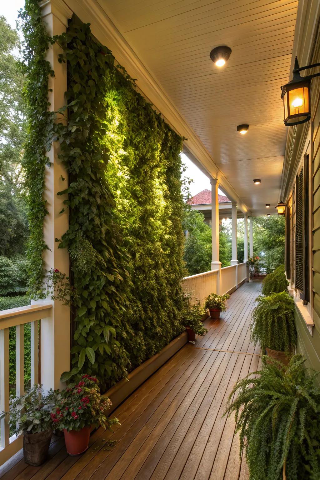 Living green walls provide a vibrant and sustainable porch solution.