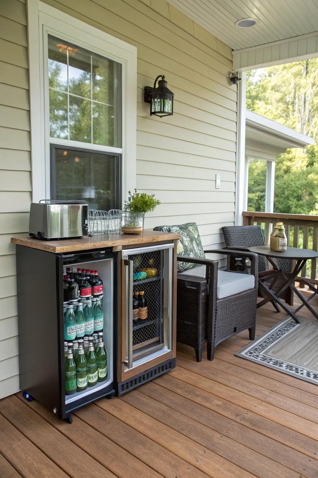 A beverage station keeps refreshments within easy reach.