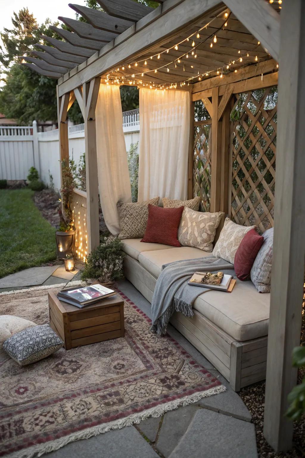 A charming reading nook nestled under a pergola.