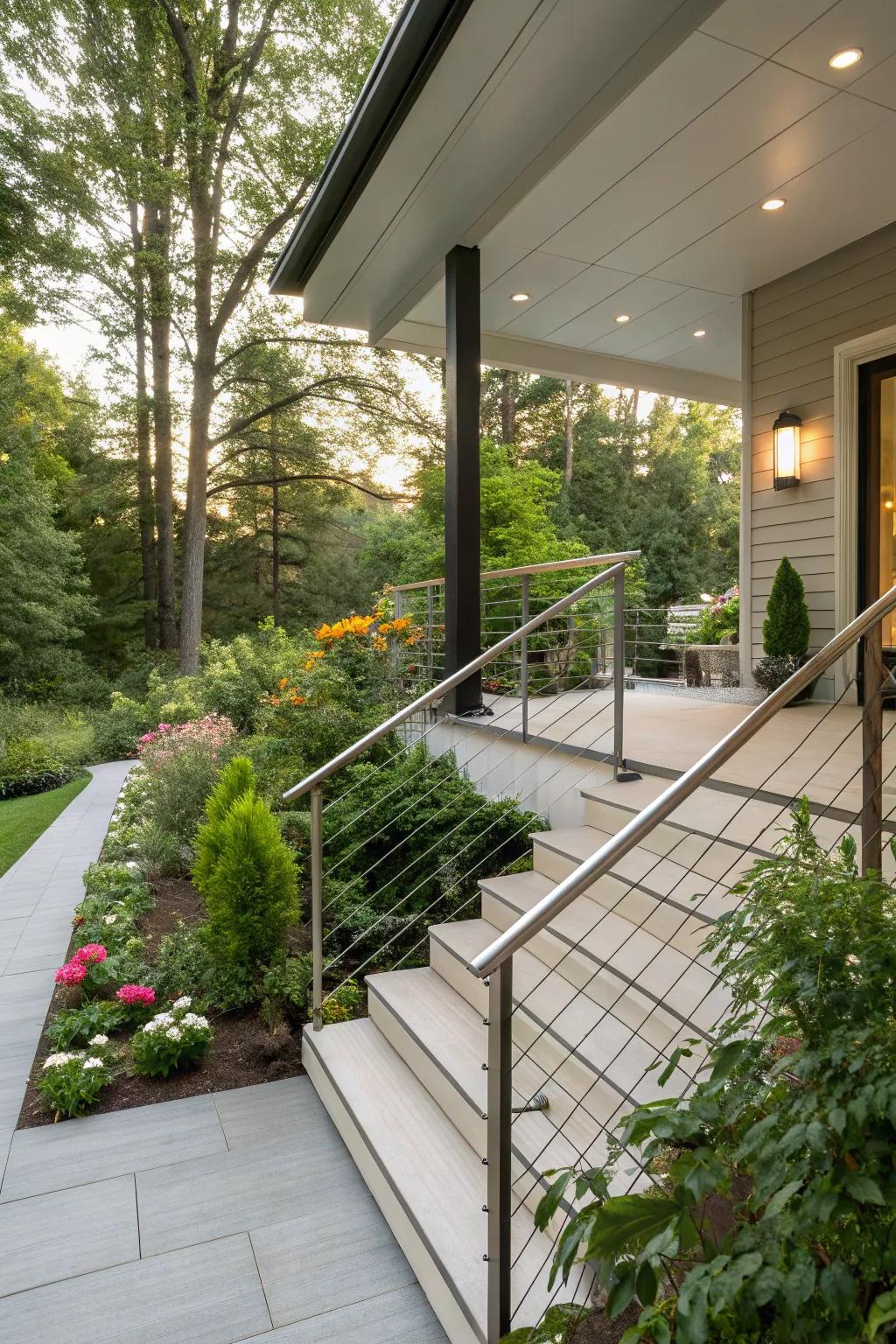 Cable railings add a sleek, modern touch.