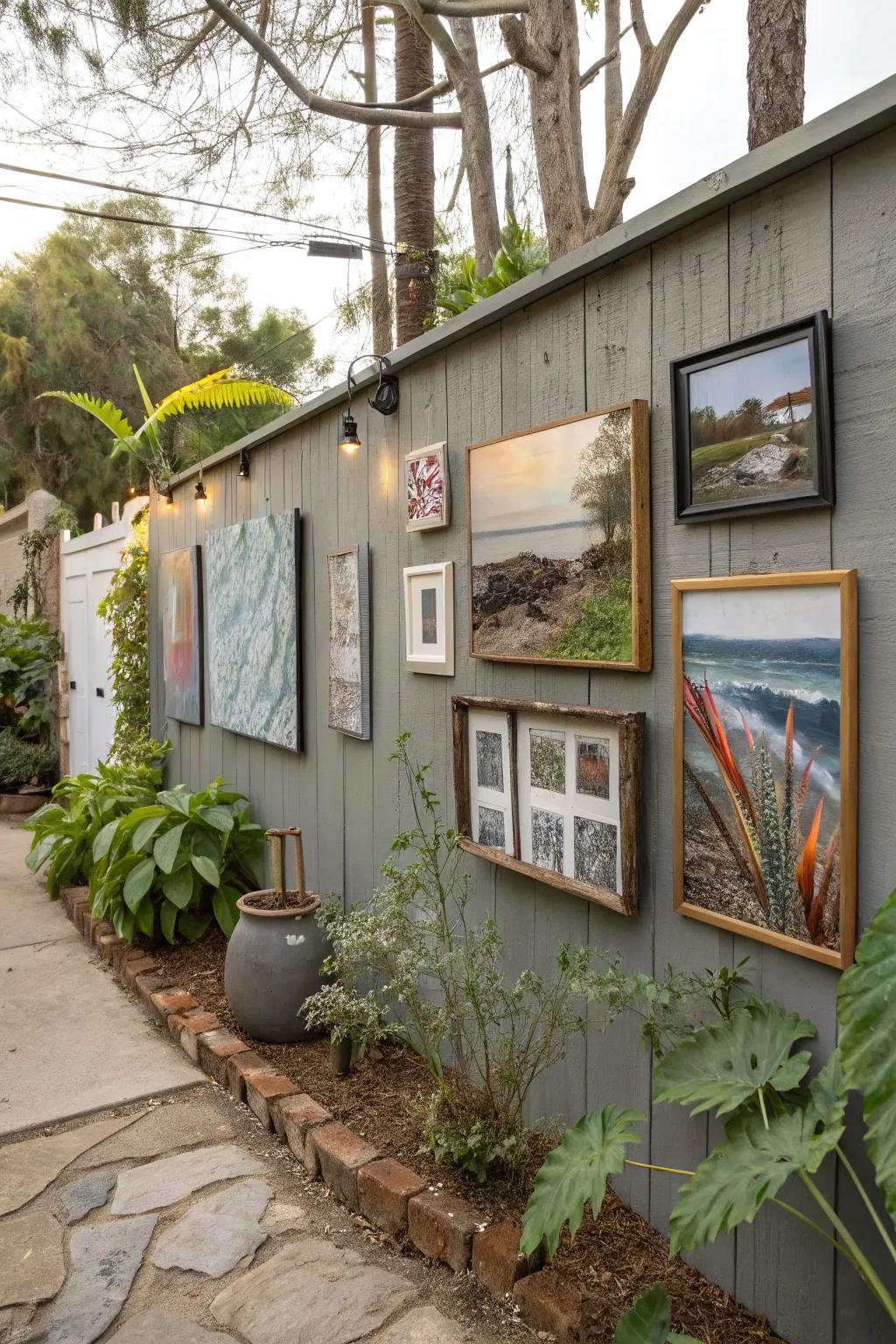 An outdoor art gallery showcases creativity in your backyard corner.