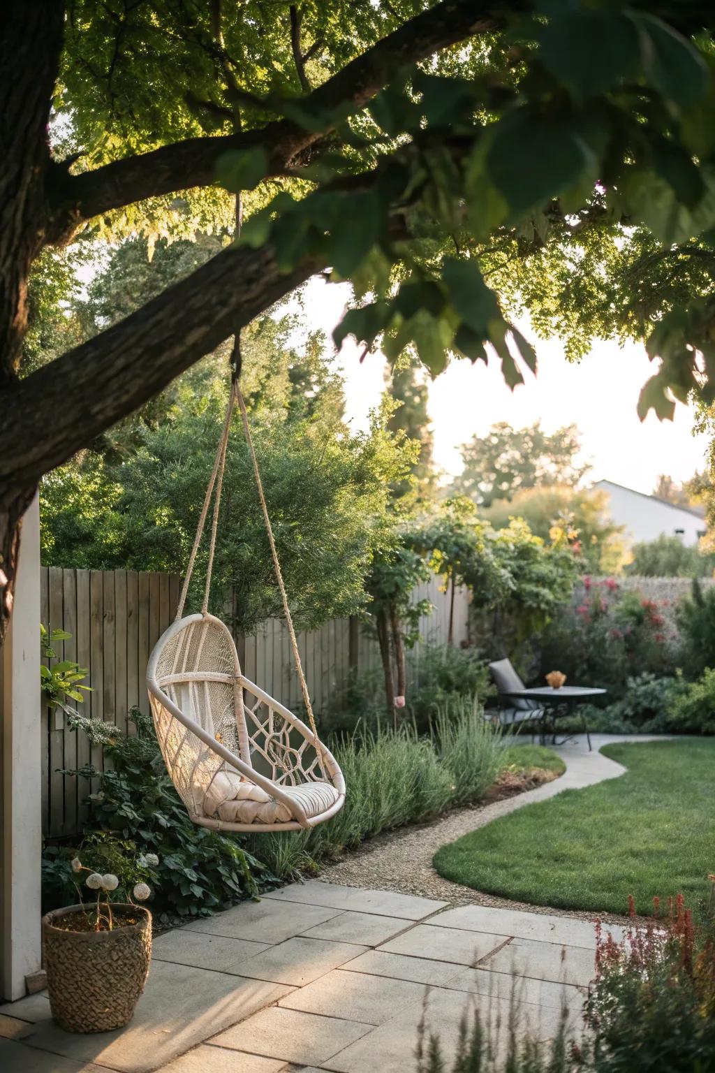 A playful hanging chair adding charm and comfort to the backyard.