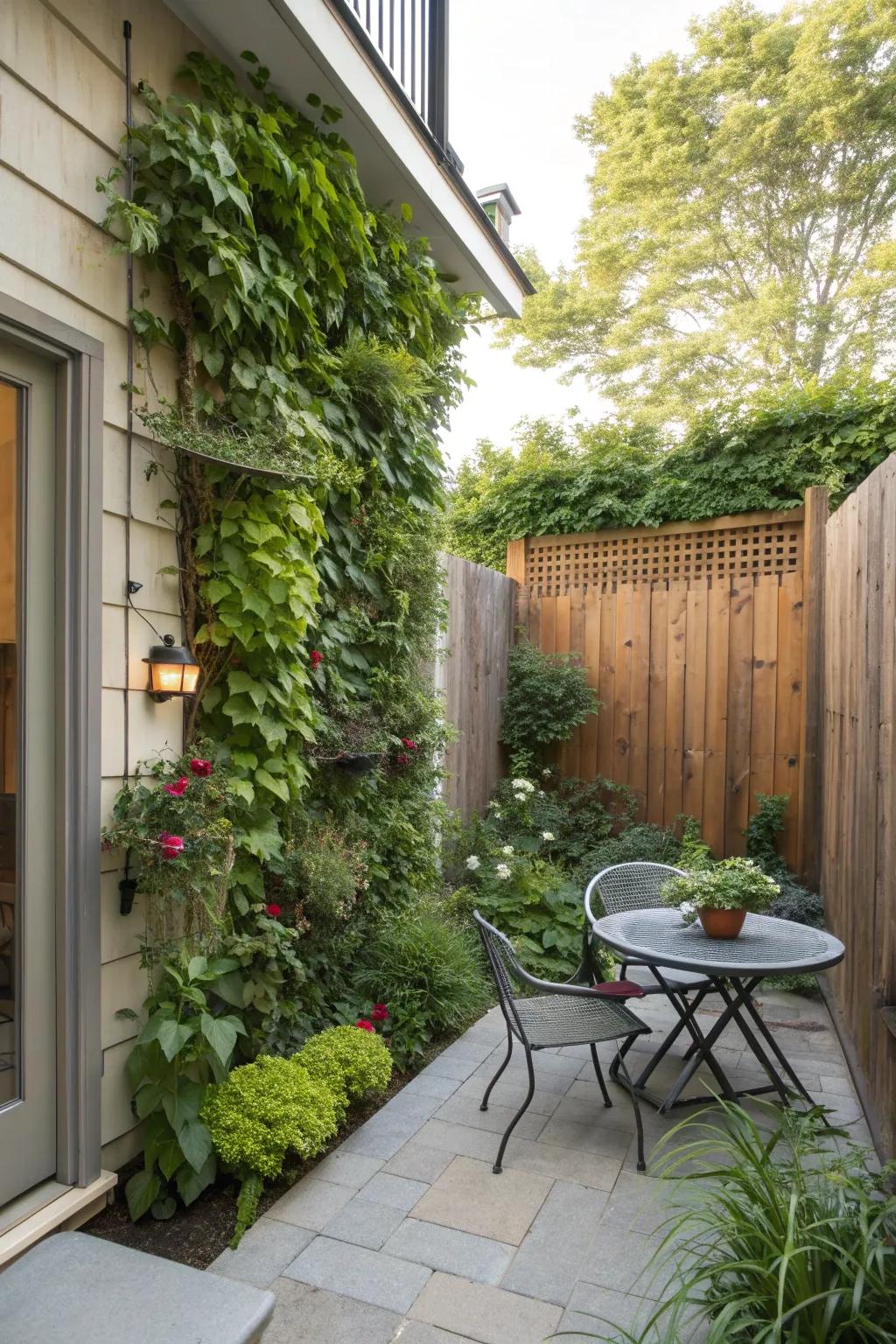 A vertical garden brings lushness and creativity to the patio.