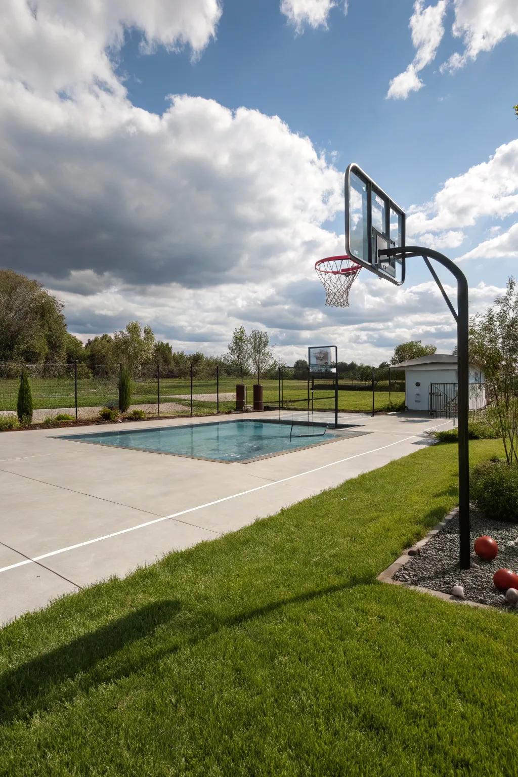 A basketball court conveniently located by the pool for seamless fun.