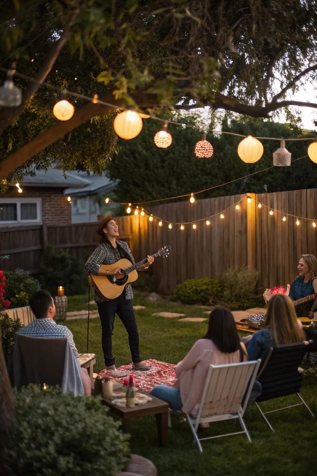 Backyard party with a live musician playing acoustic guitar and guests enjoying the music.