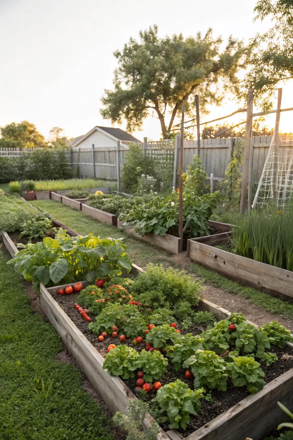 A raised garden bed brings fresh produce within easy reach.