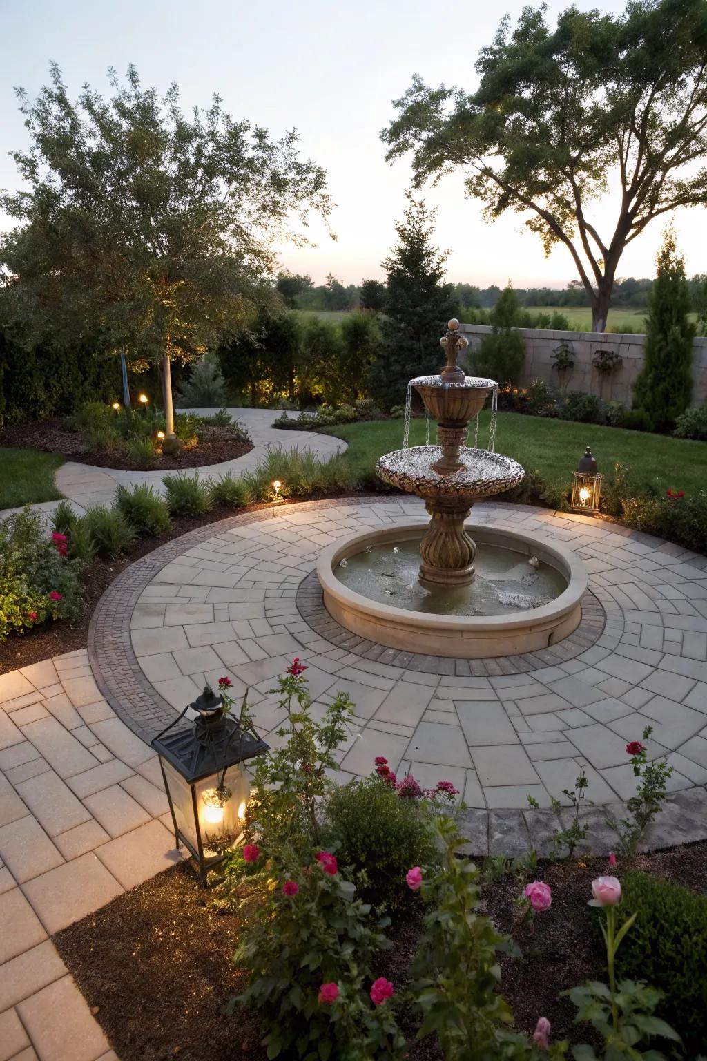 A tranquil water feature enhancing the charm of a circular patio.
