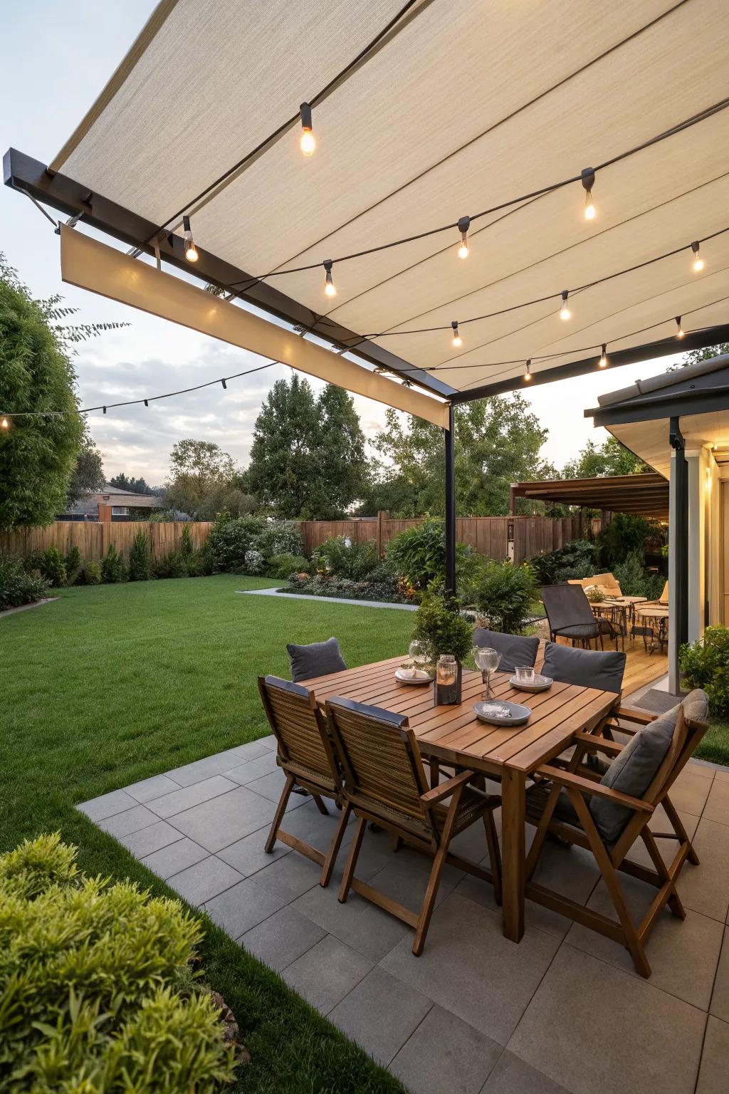 A retractable canopy provides adaptable shade and weather protection.