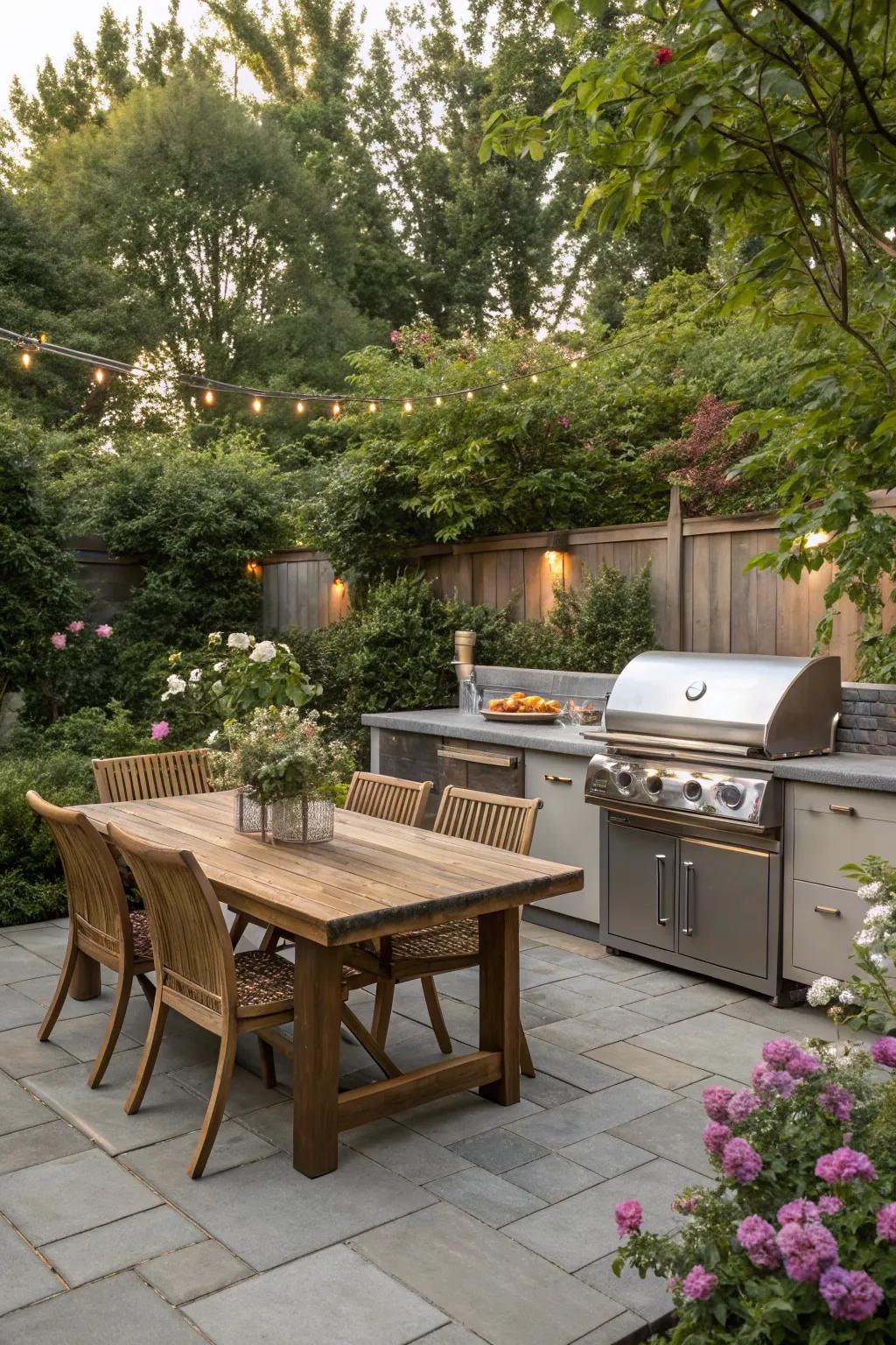 An outdoor kitchen adds convenience and flair to backyard dining.