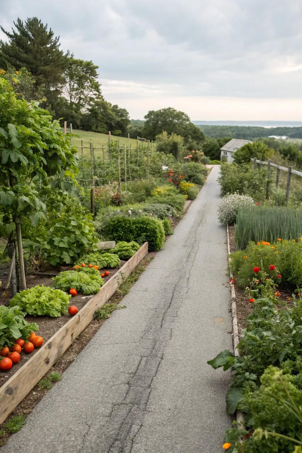 Edible gardens add practicality and beauty to driveway borders.
