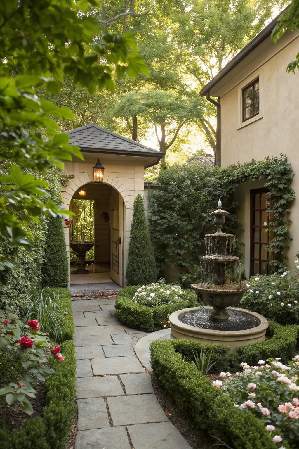 A backyard entrance featuring a small water feature surrounded by greenery.