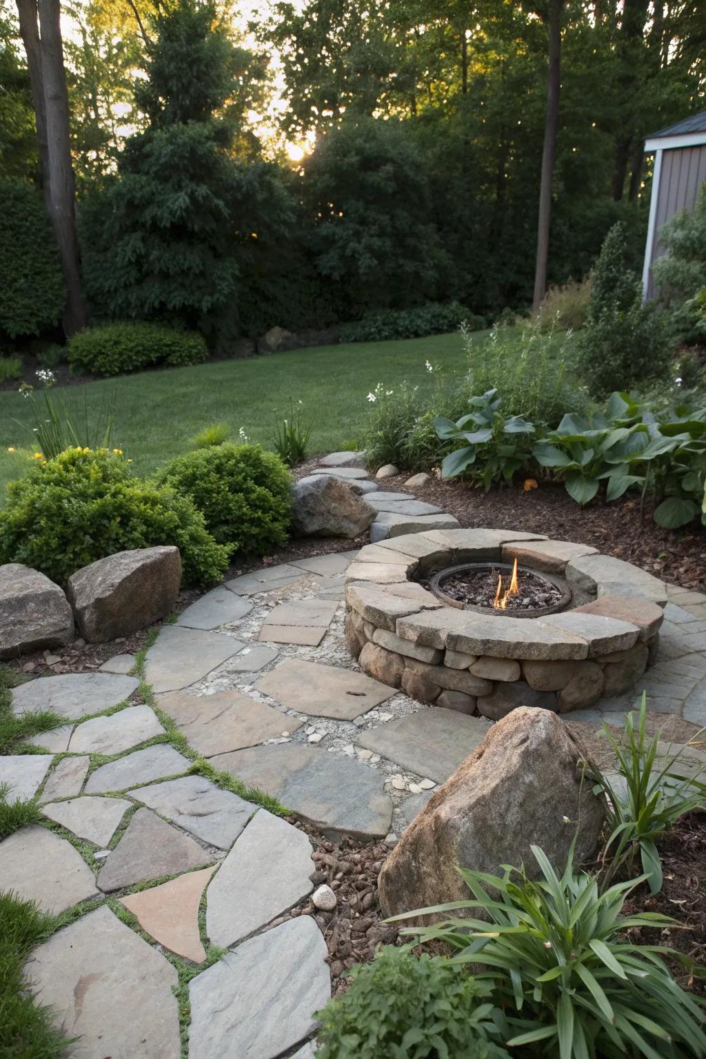 Natural elements blend the fire pit seamlessly into the landscape.