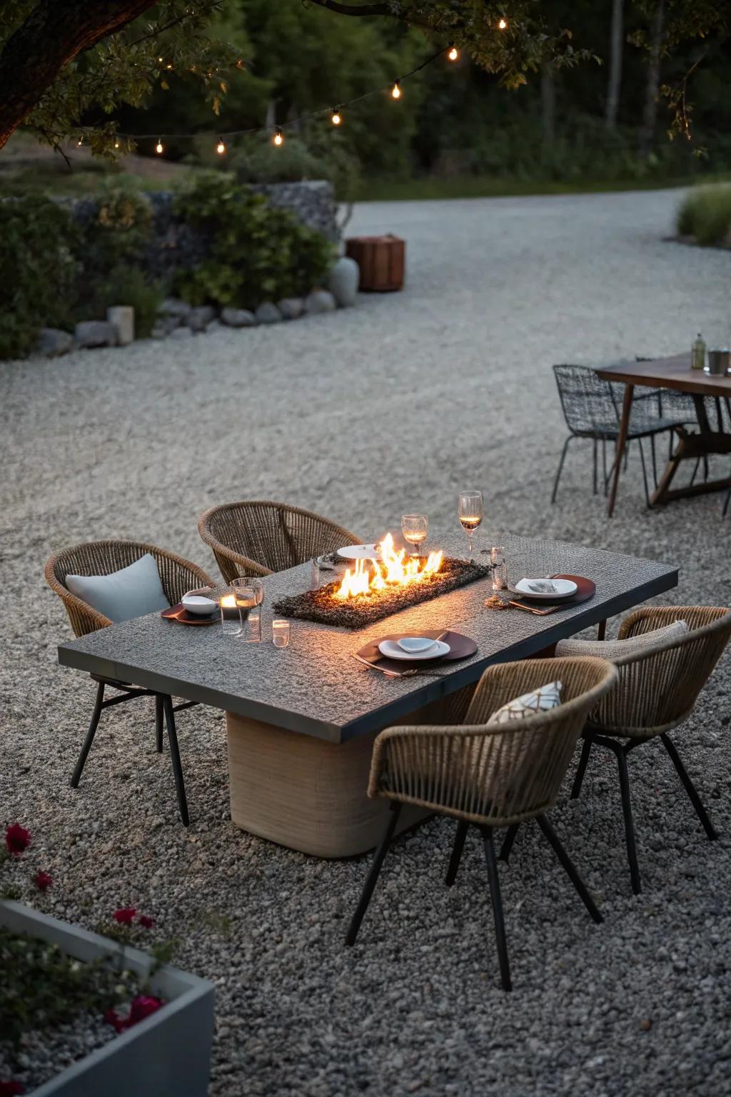 A fire pit table doubles as a dining and socializing hub.