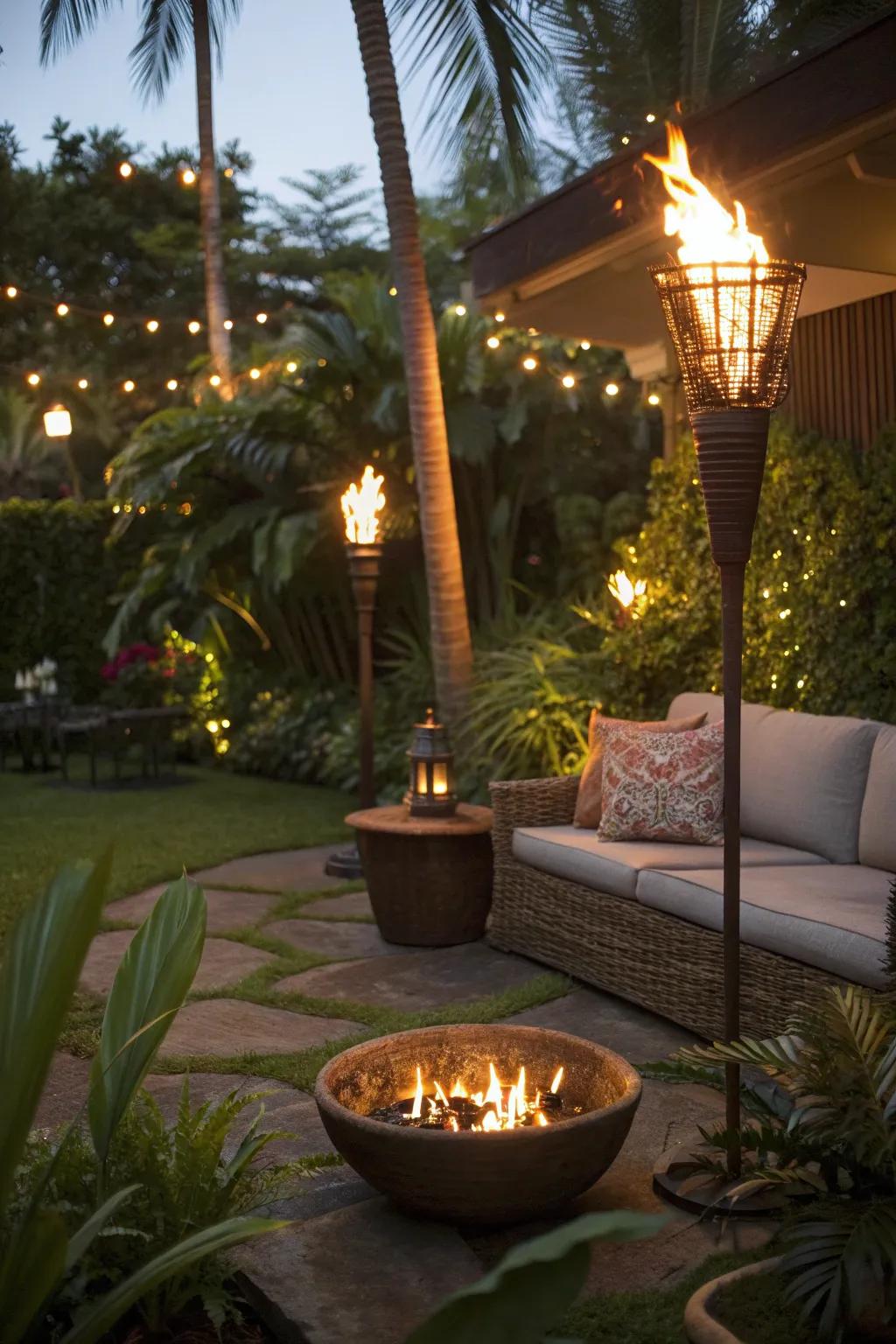 Tiki torches bring a tropical vibe to your fire pit area.