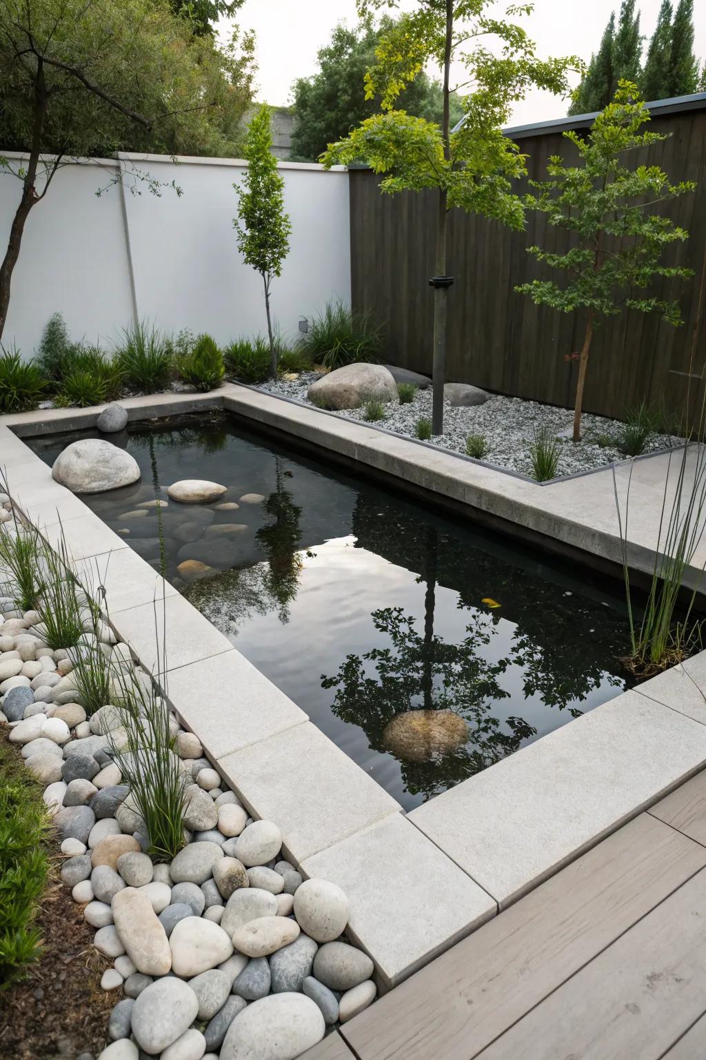 Modern minimalism offers sleek and easy-to-maintain pond designs.