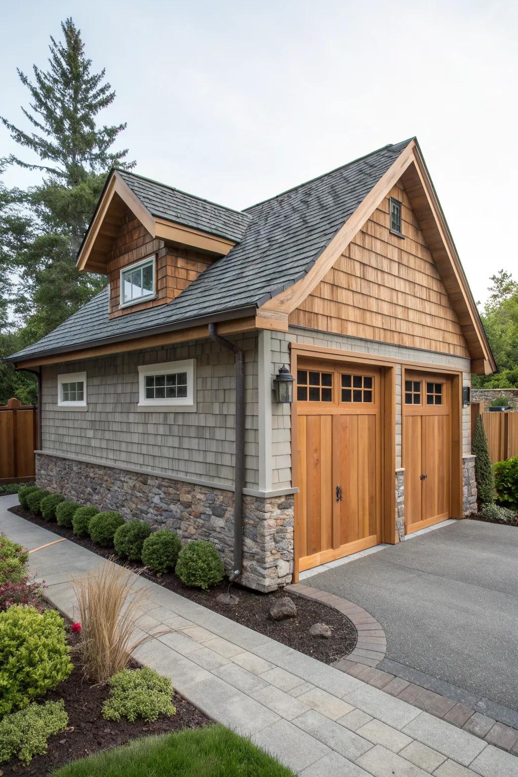 A backyard garage featuring a blend of wood and stone for visual interest.