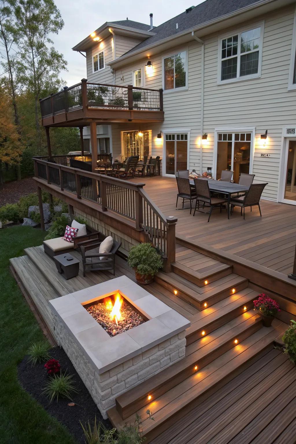 Elevate your entertainment space with a multi-level deck and fire pit.