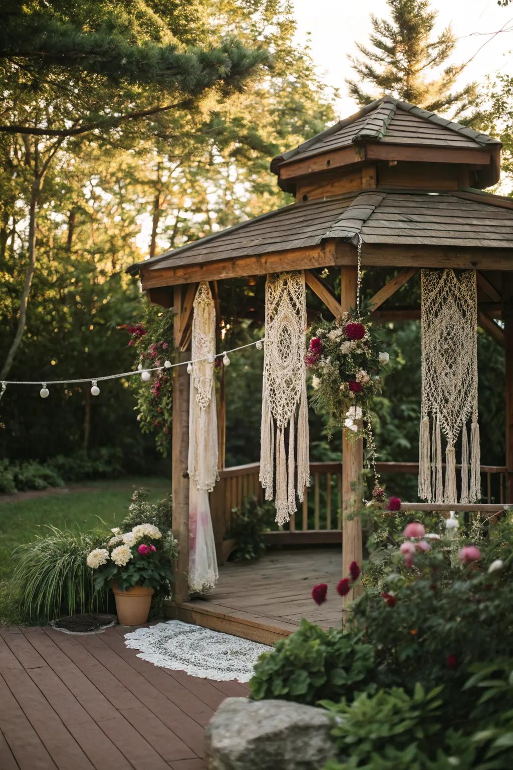 Boho elements add a carefree, relaxed vibe to this gazebo.