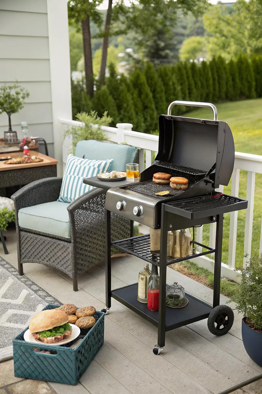 A portable grill cart offers flexibility and style.
