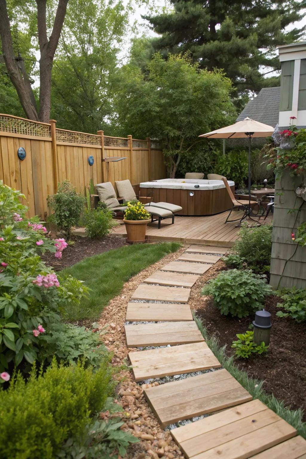 Mulch pathways enhance the natural appeal of the hot tub area.