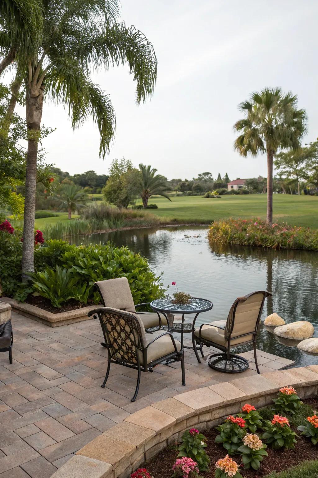 A Florida backyard with seating overlooking a serene pond view.