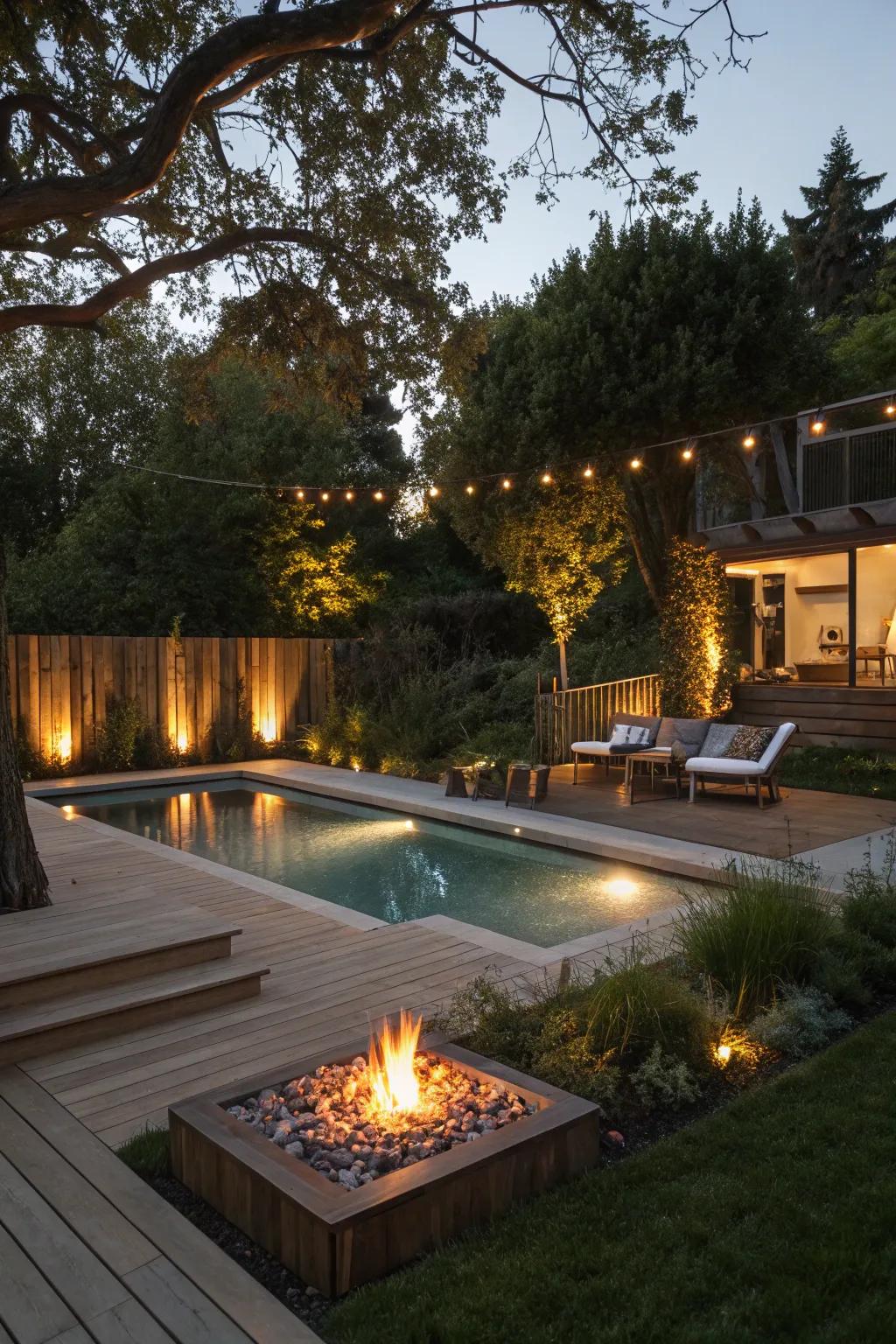 Subtle lighting transforms the backyard into a magical retreat.