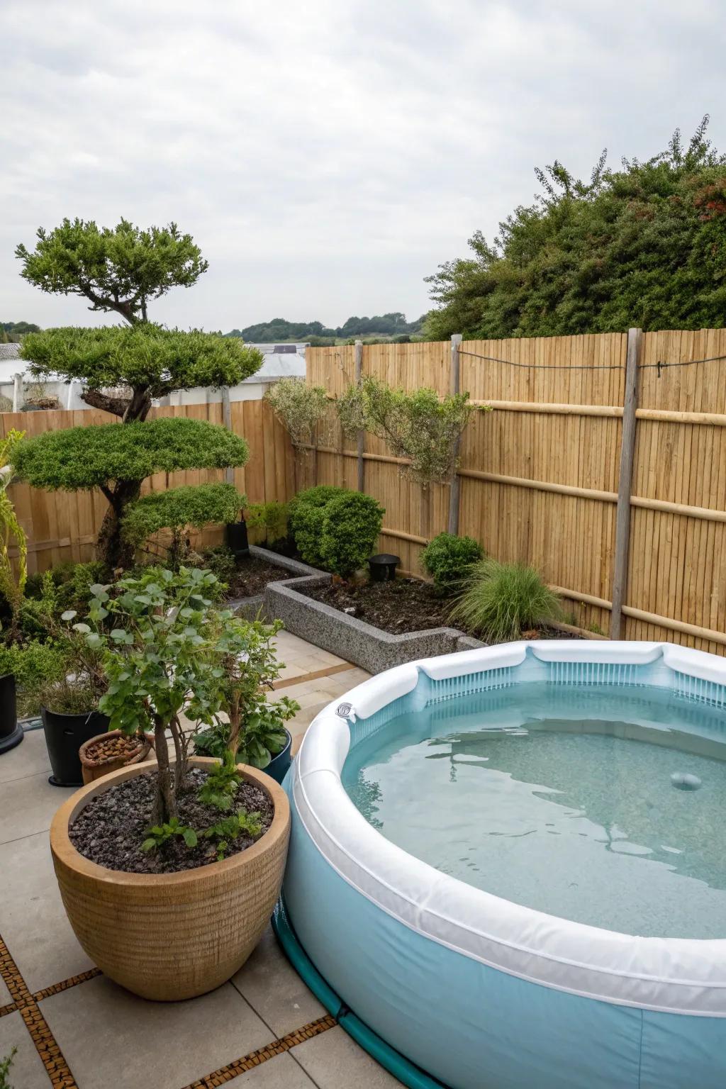 A Zen retreat by the pool offers tranquility.