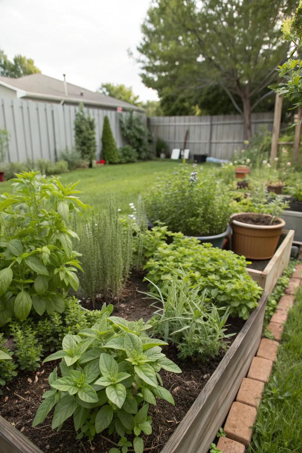 A charming herb garden flourishing with basil, mint, and rosemary in Milwaukee.