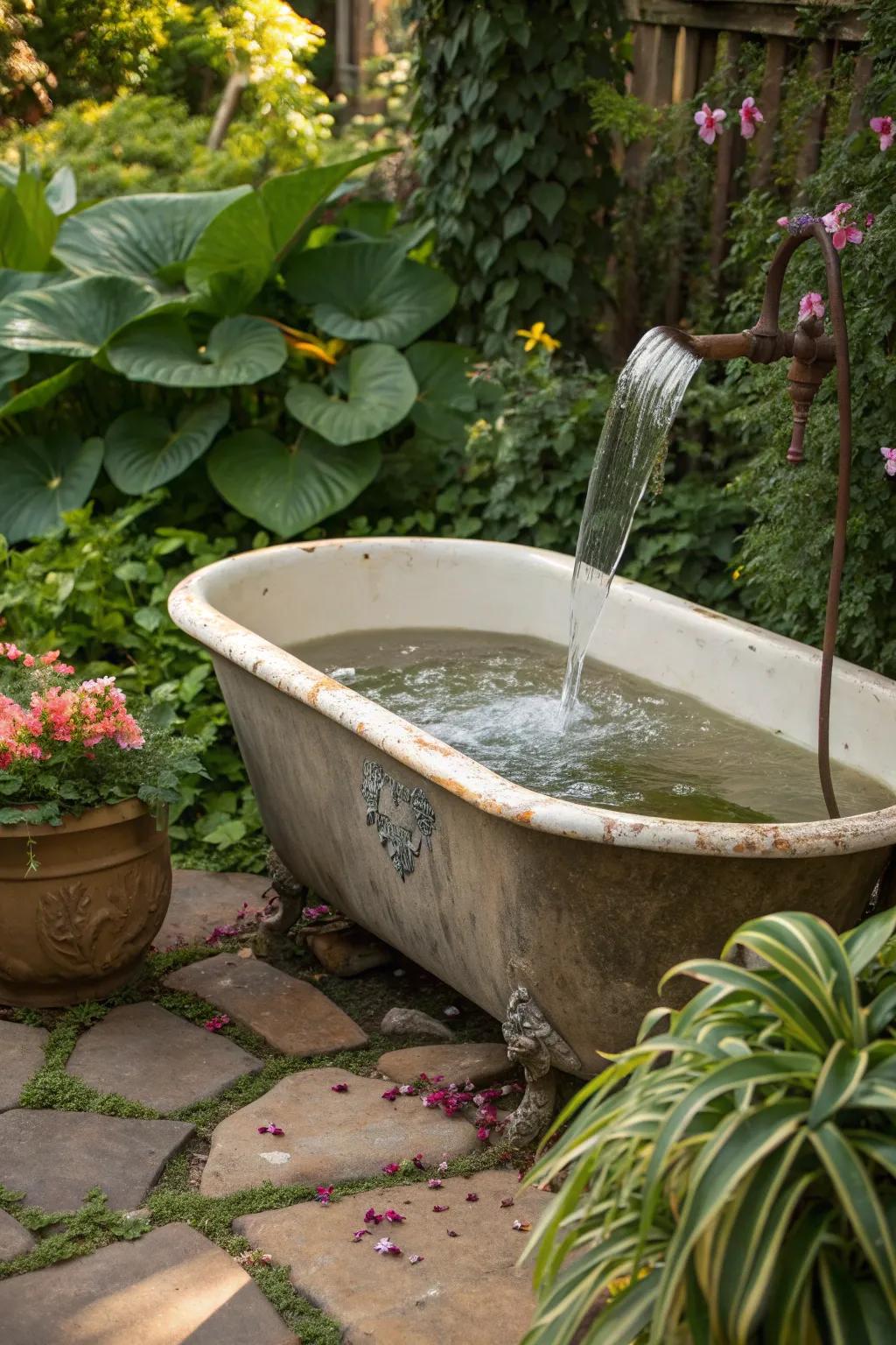 An artistic fountain crafted from an old bathtub.