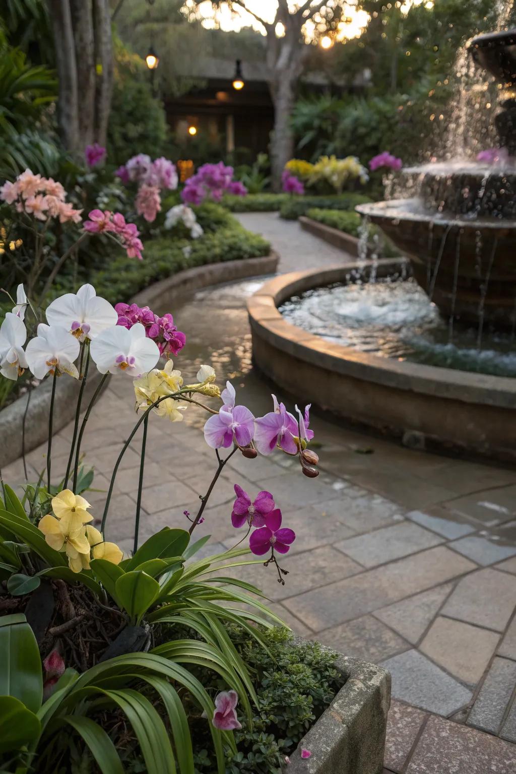Water feature adding tranquility to the orchid house.