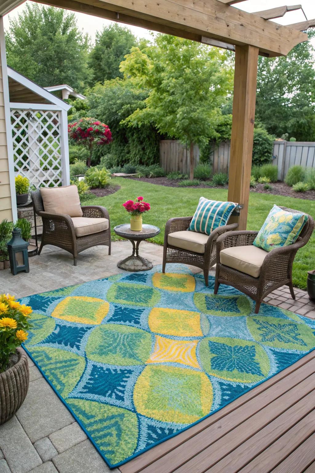 Define and cozy up your space with an outdoor rug.