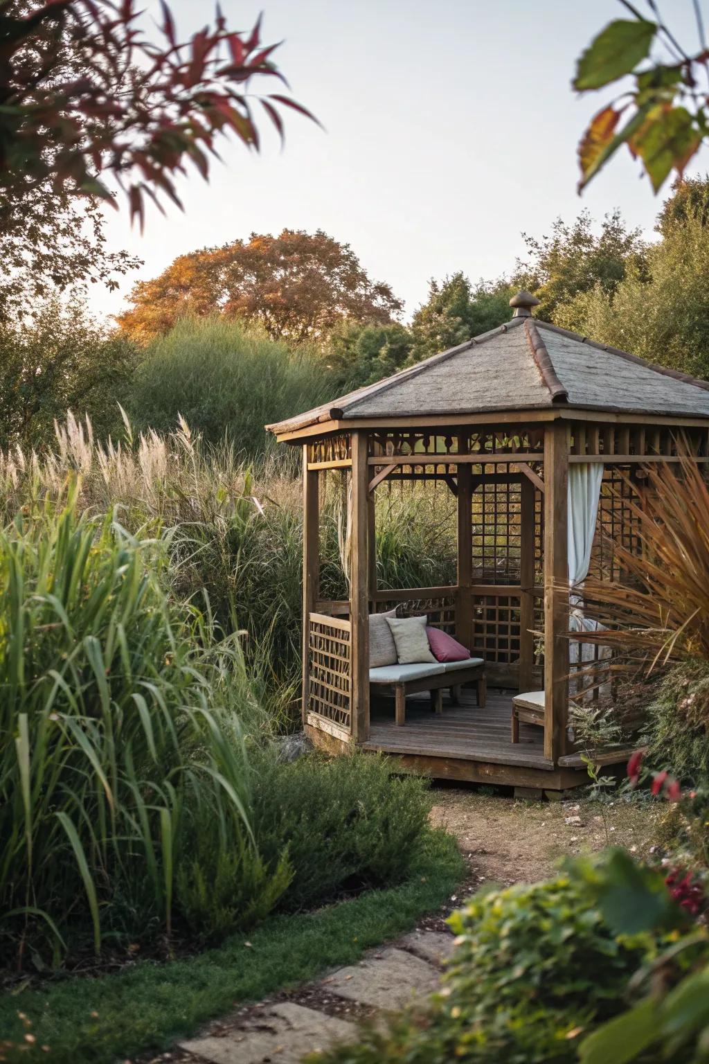 Tall plants provide privacy and seclusion for your gazebo.