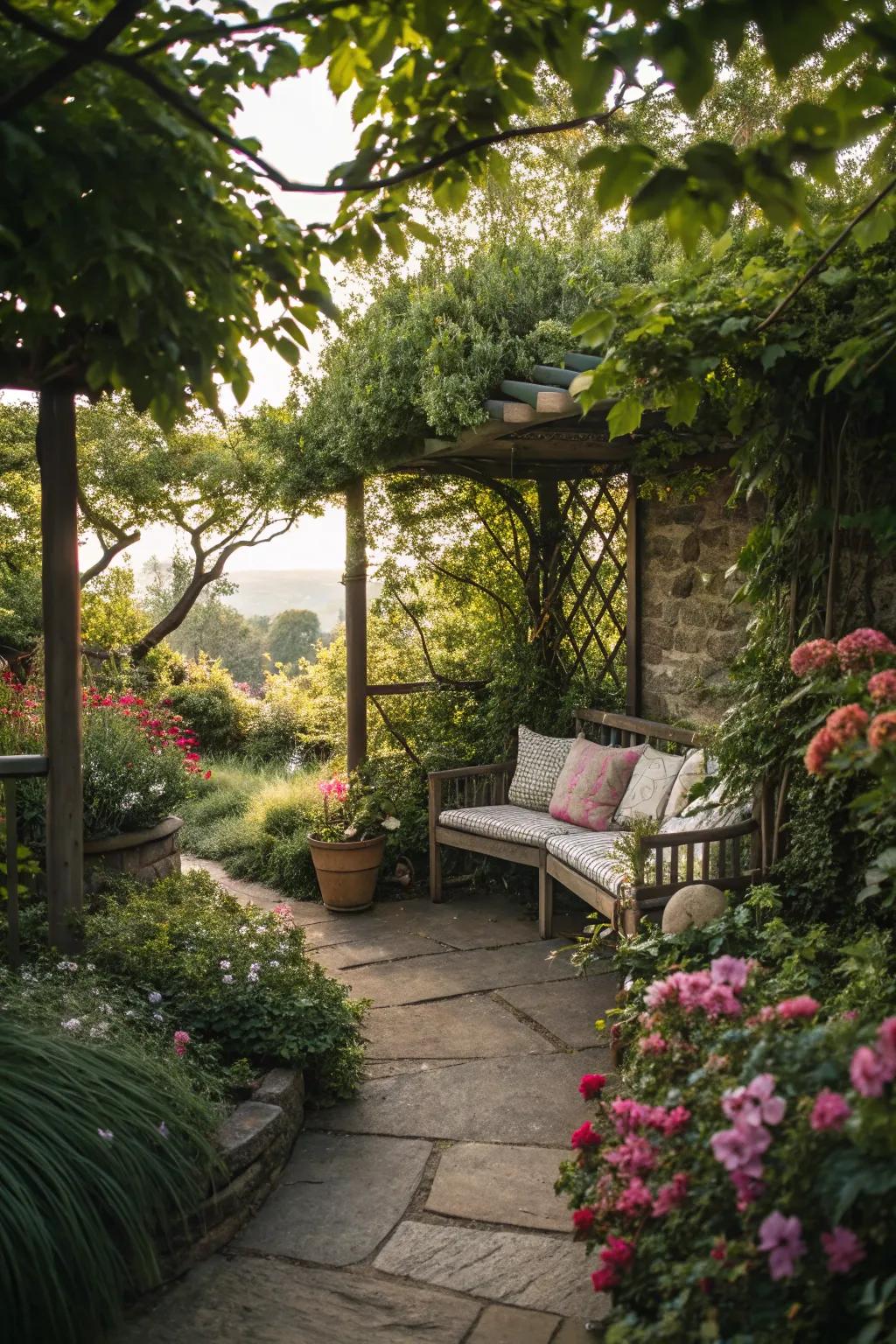 A secret garden nook offers privacy and tranquility.