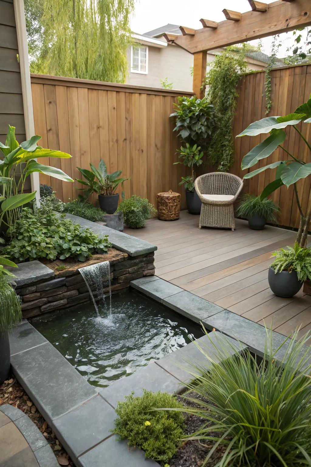 A tranquil water feature adds serenity
