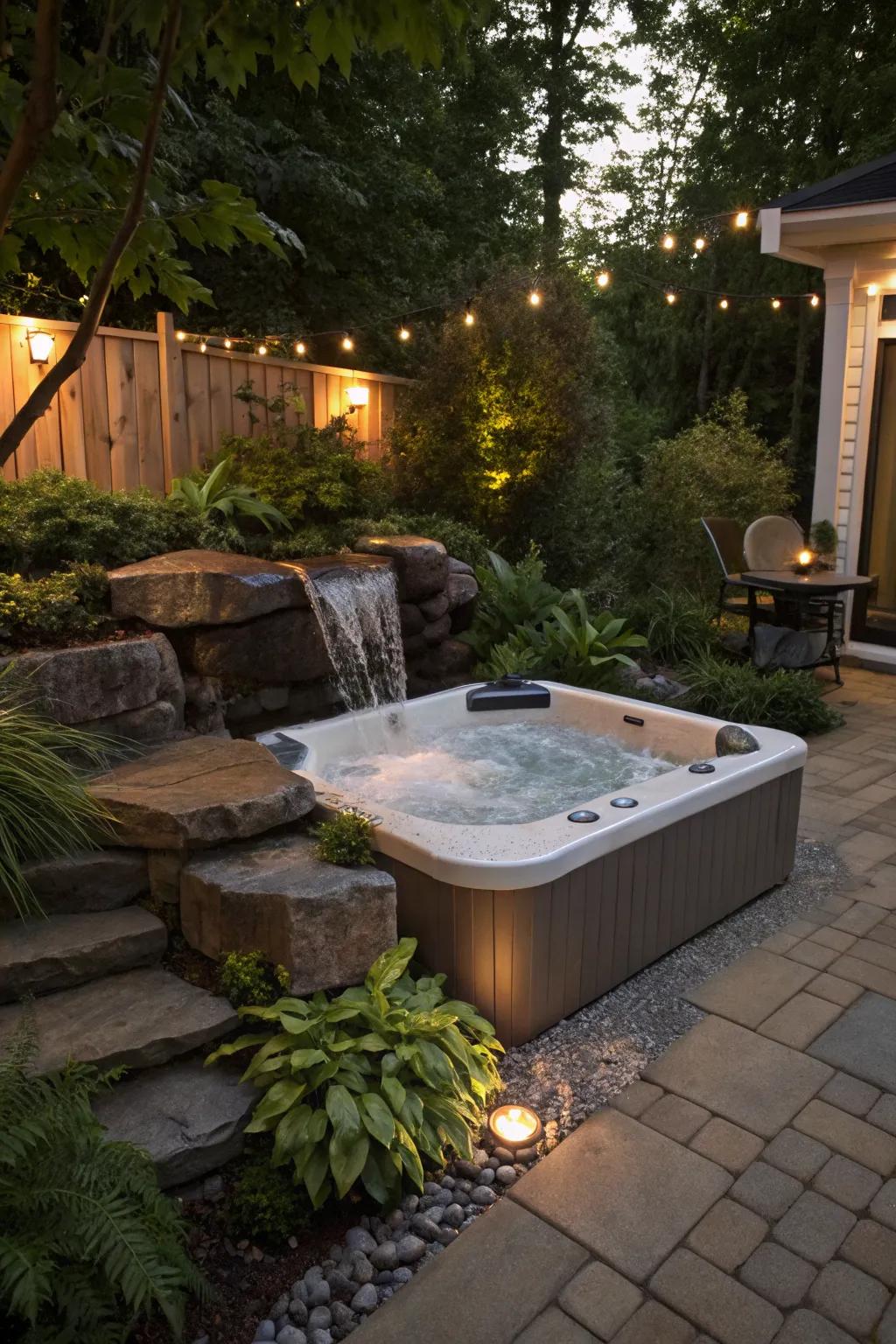 A water feature adds tranquility to this hot tub setting.