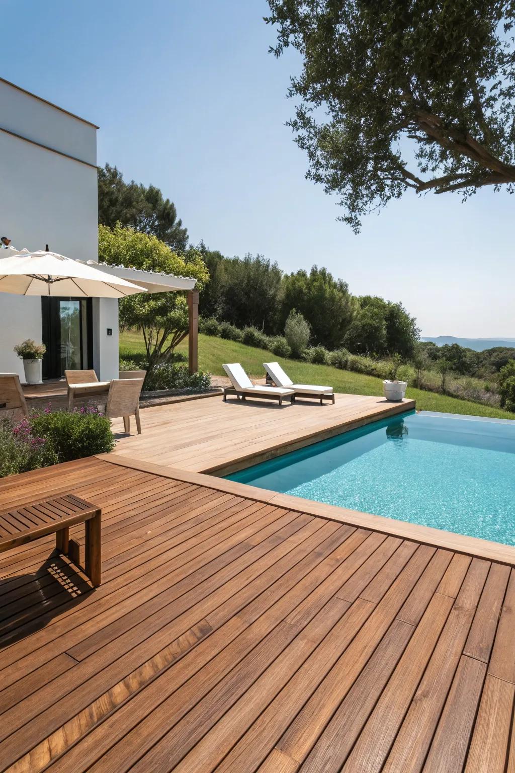 The natural elegance of teak wood decking by the pool.