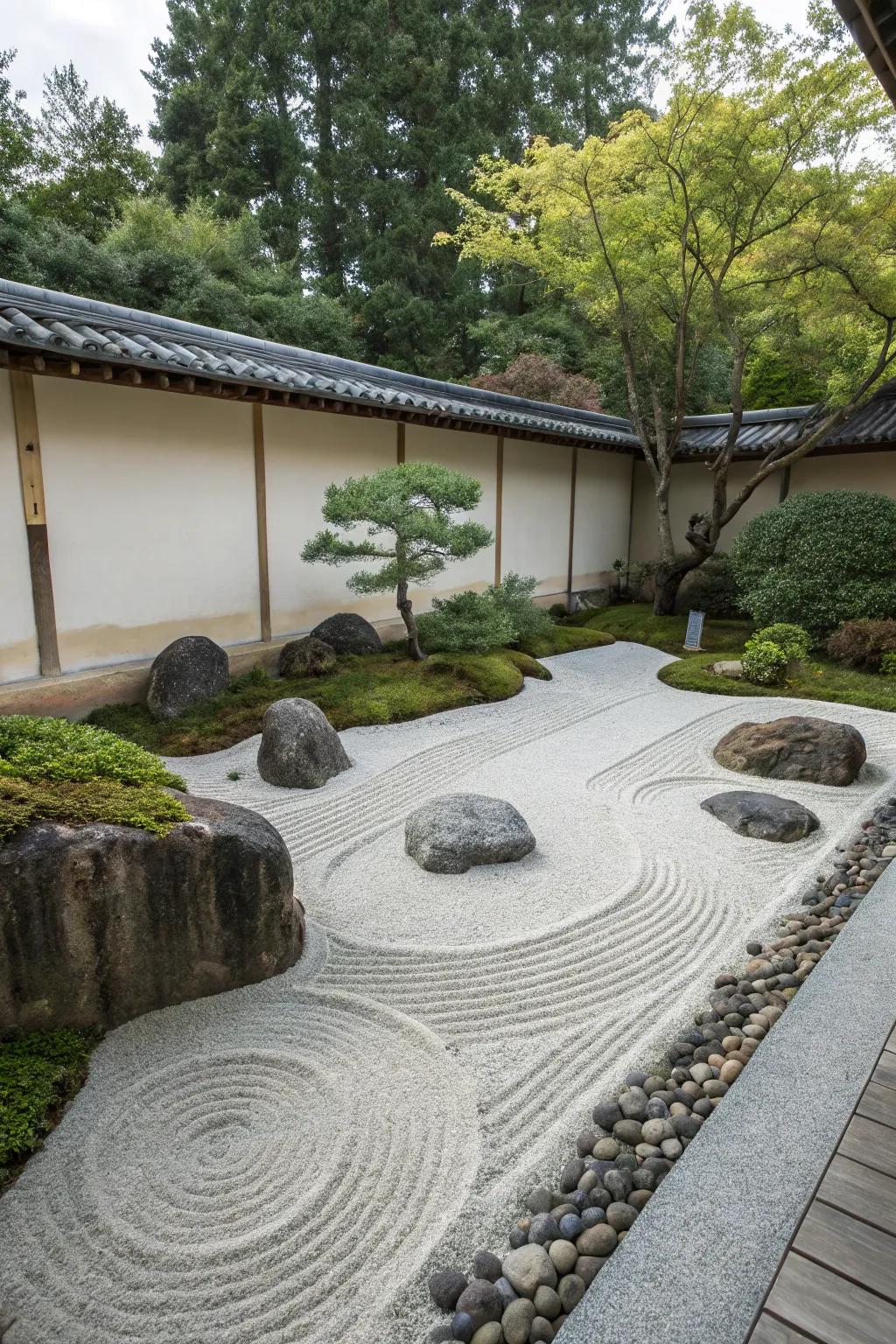 A tranquil Zen garden with minimalist paving.