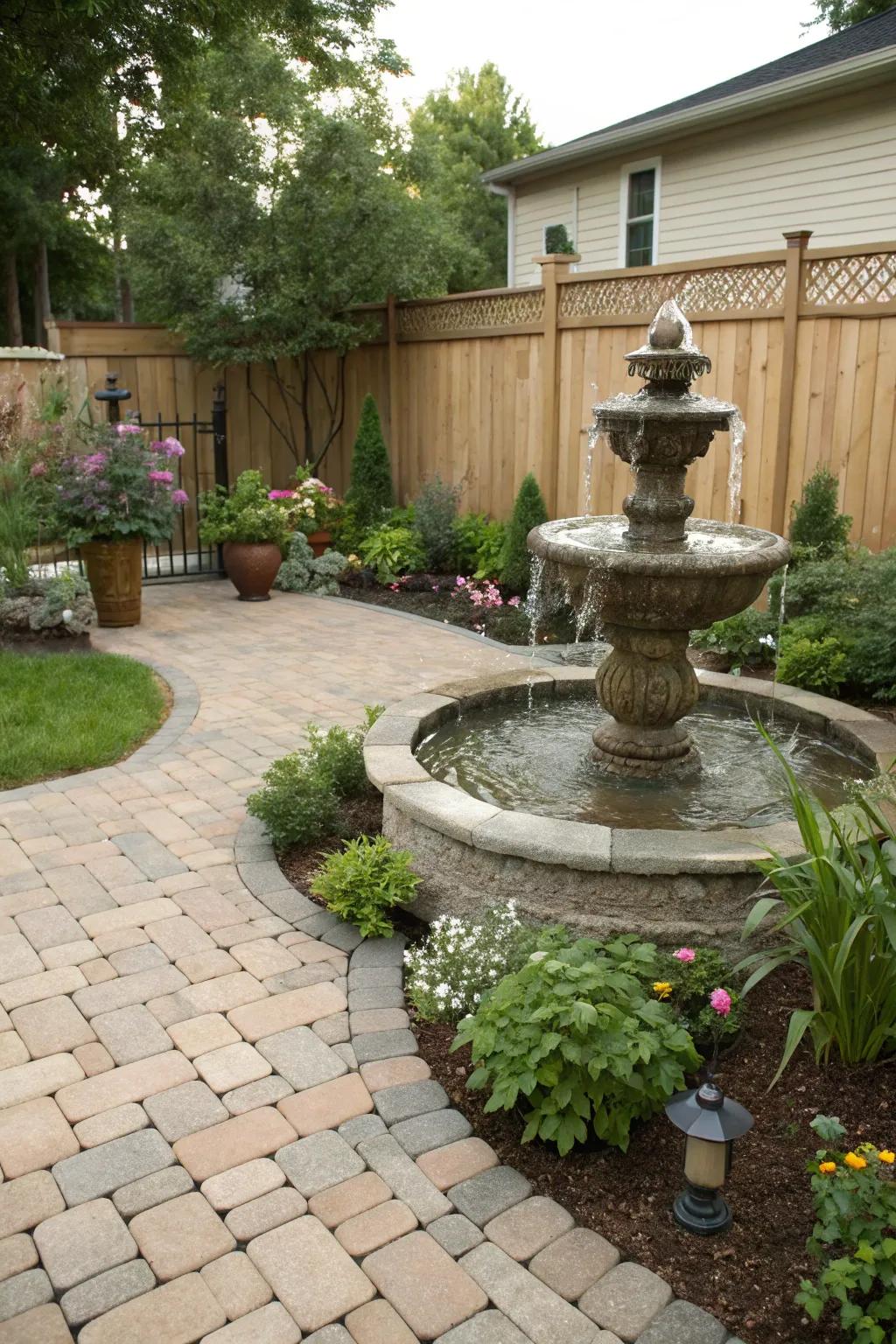 A tranquil water feature on a paver patio