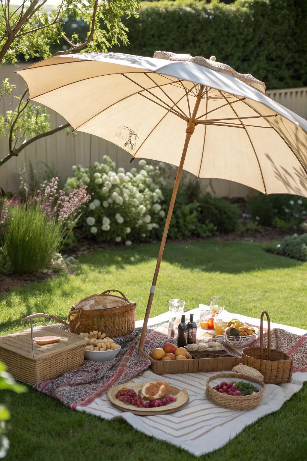 Stay cool with an umbrella oasis for your picnic.